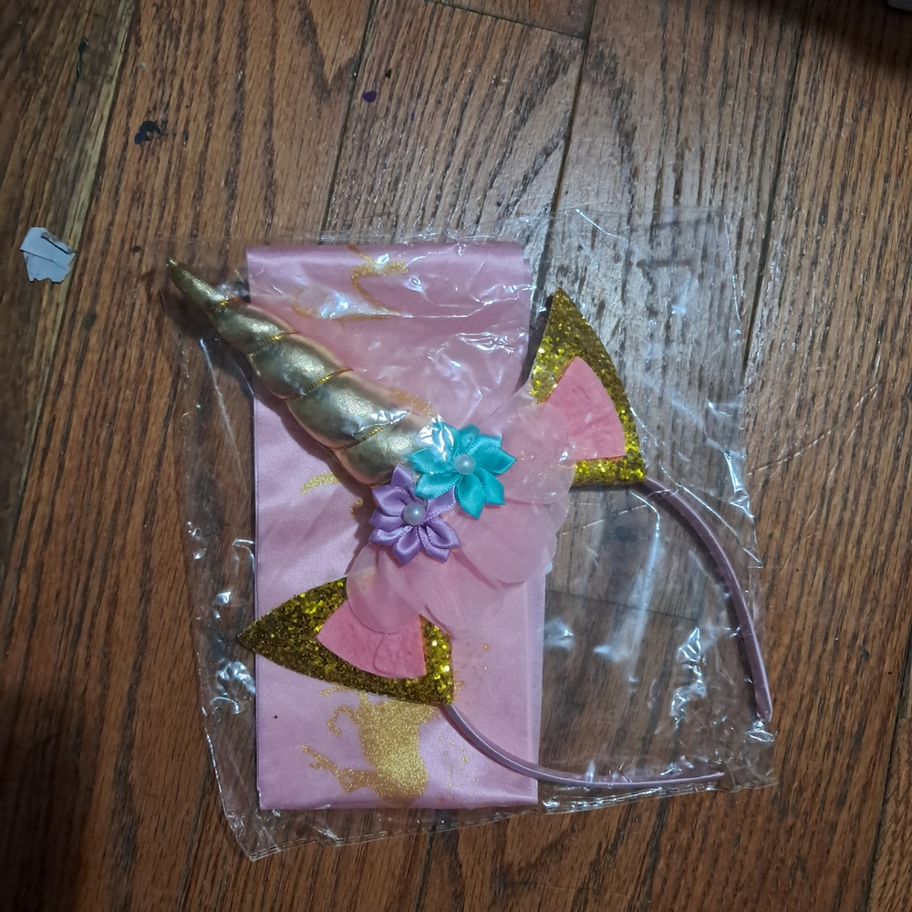 Unicorn Headband with Pink and Gold Accents And Birthday Girl Banner